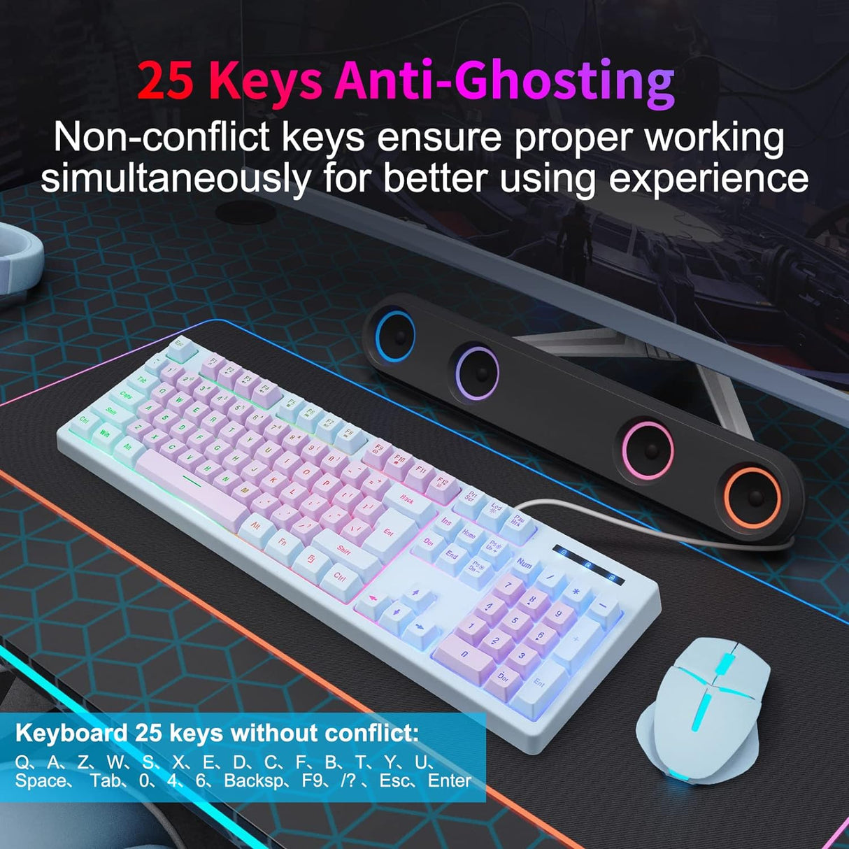 HUO JI Gaming Keyboard USB Wired with Rainbow LED Backlit, Floating Keys, Mechanical Feeling, Spill Resistant, Ergonomic(NEW,OPEN BOX)