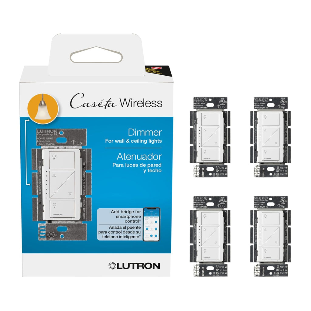 Lutron Caseta Smart Dimmer Switch (Smart Hub Required), No Neutral Required - (PD-6WCL-WH) - 4-Pack