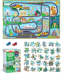 Melissa & Doug Race Around the World Tracks Cardboard Jigsaw Floor Puzzle and Wind-Up Vehicles – 48 Pieces, for Boys and Girls 4+ - FSC Certified(New Open Box)