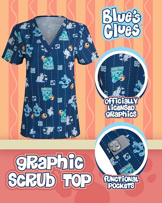 COCO BRANDS Blue's Clues Women's All Over Print, V-Neck Scrub Top with Pockets - Comfortable Work Uniform