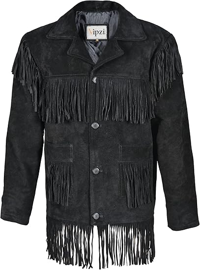 Vipzi Men’s Western Suede Fringe Jacket – Black - Size Large