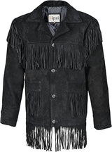 Vipzi Men’s Western Suede Fringe Jacket – Black - Size Large