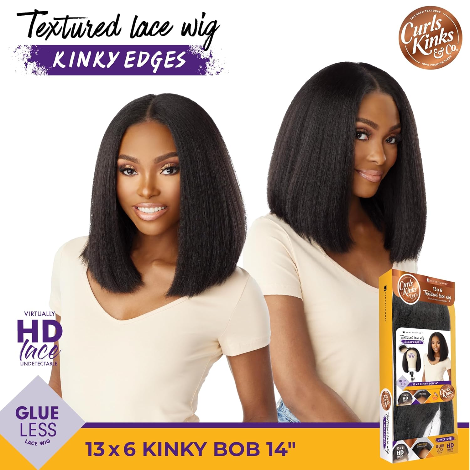 Sensationnel Curls Kinksandco Kinkyedges Wig - Kinky Bob 14 Inch 13X6 Lace Frontal Natural Kinkytexture Edged Hairline for Natural 3C to 4C Hair Textures (BALAYAGECHOCOLATE)