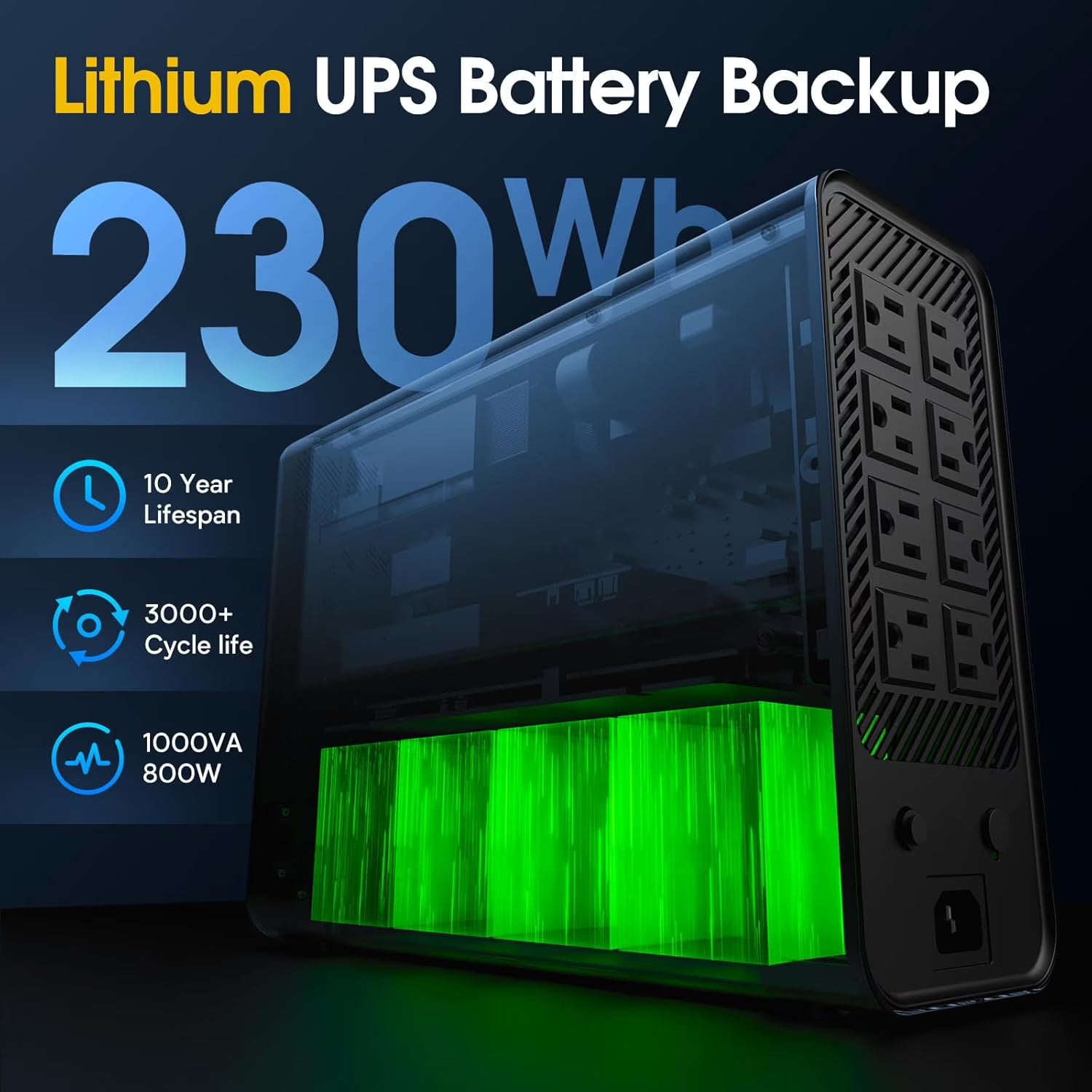 GOLDENMATE 1000VA /800W Lithium UPS Battery Backup and Surge Protector with Pure Sine Wave, Communication Port, 8 Outlets and LCD Display