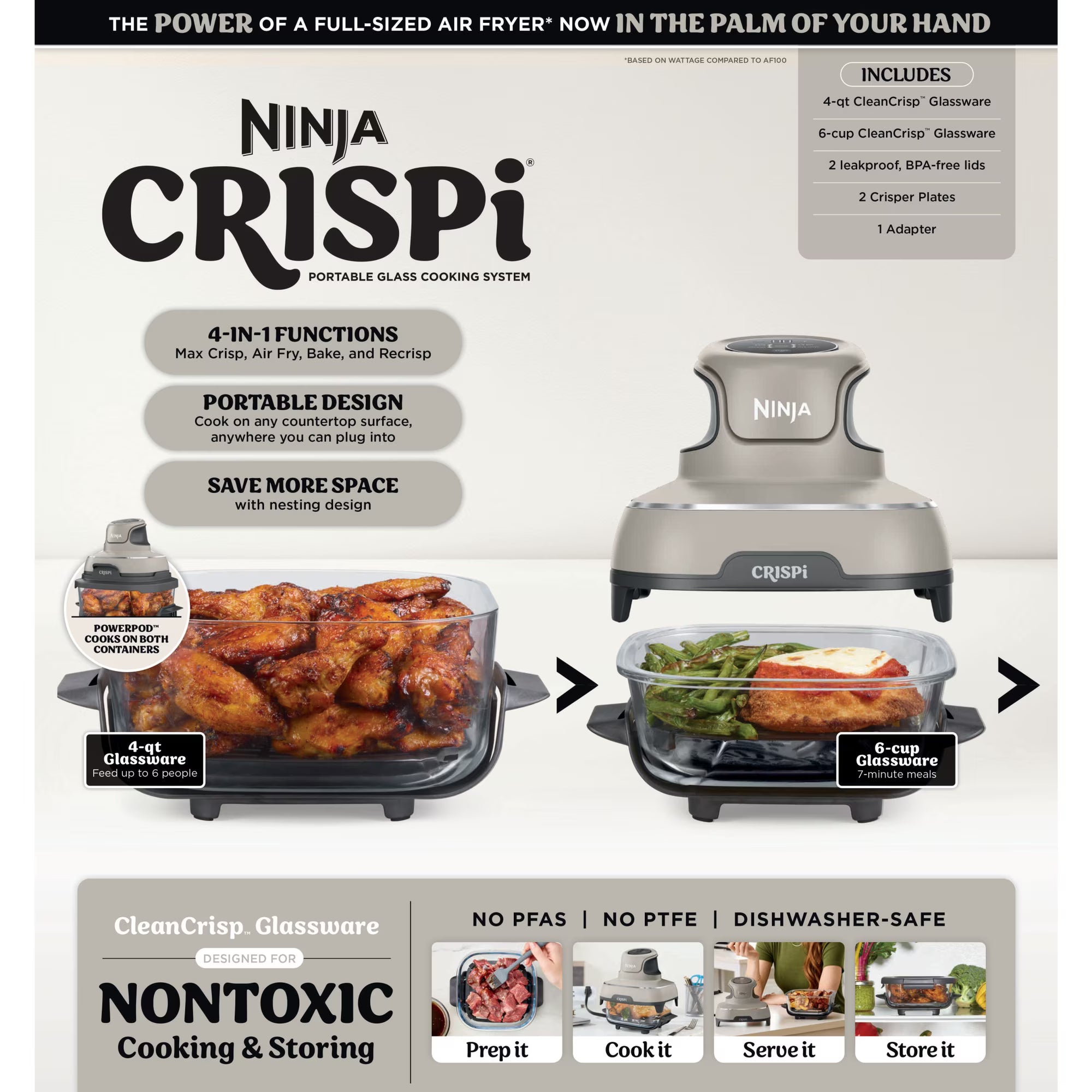 Ninja Crispi Glass Air Fryer 4-Qt, 4-in-1, Stone