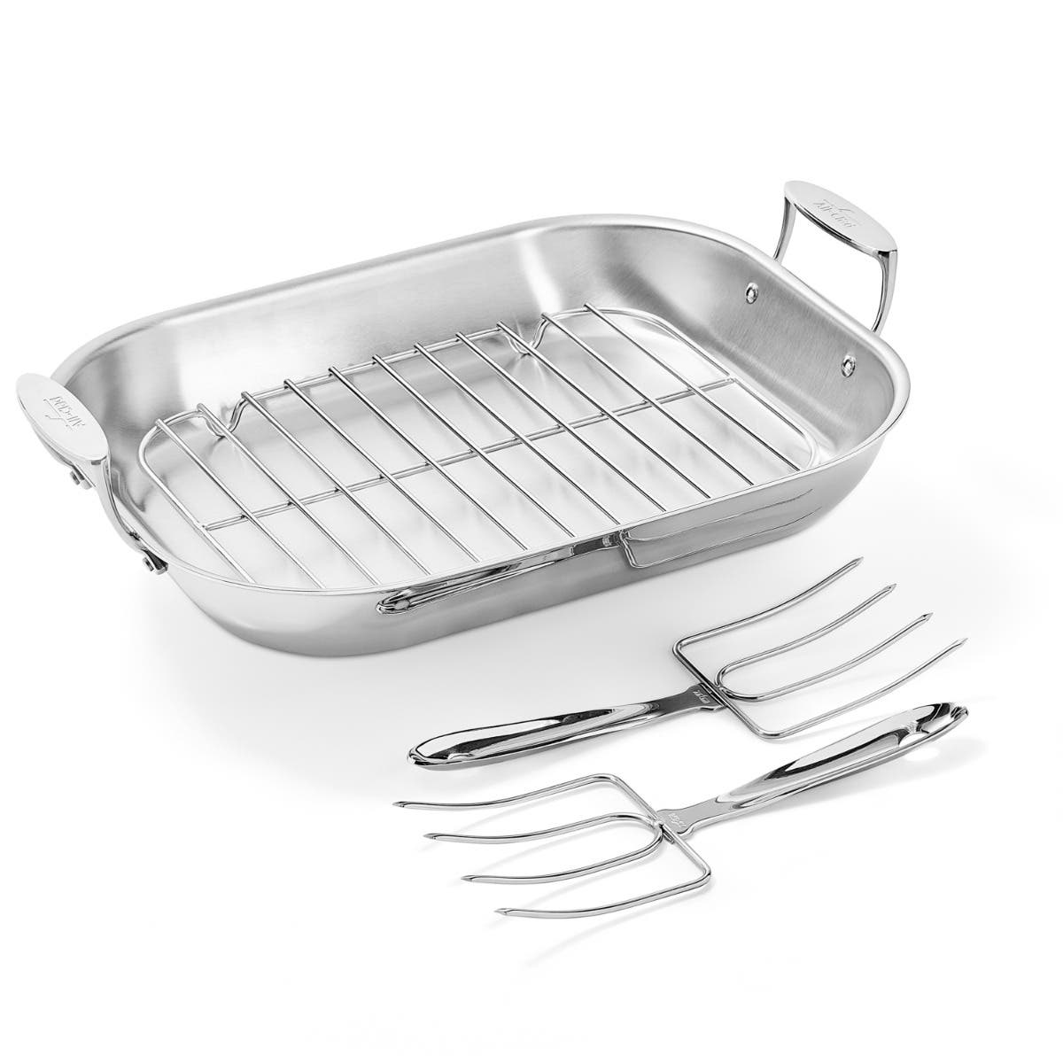 D3 Stainless 3-Ply Bonded Cookware, Large Flared Roaster with Rack and Two Turkey Forks