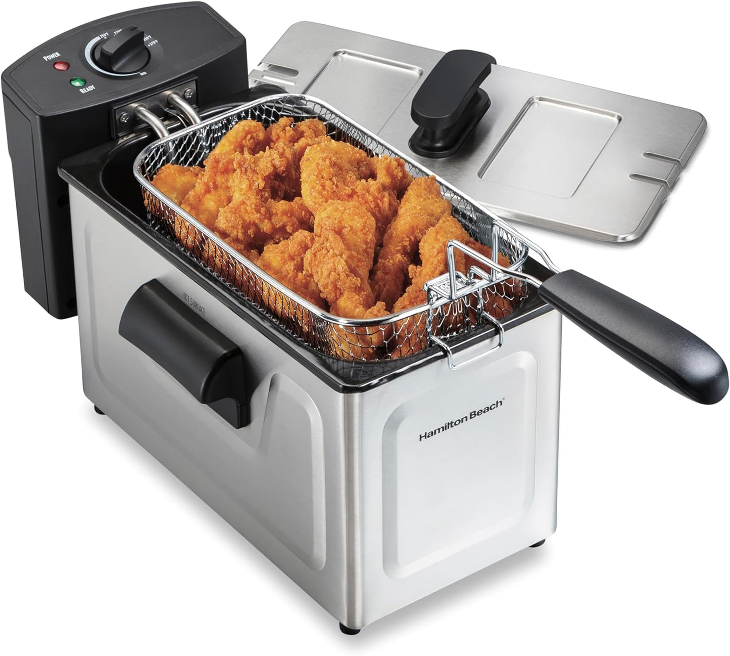 Hamilton Beach 35325 Professional Style Electric Deep Fryer, Frying Basket with Hooks, 1500 Watts, 3 Liters, Stainless Steel