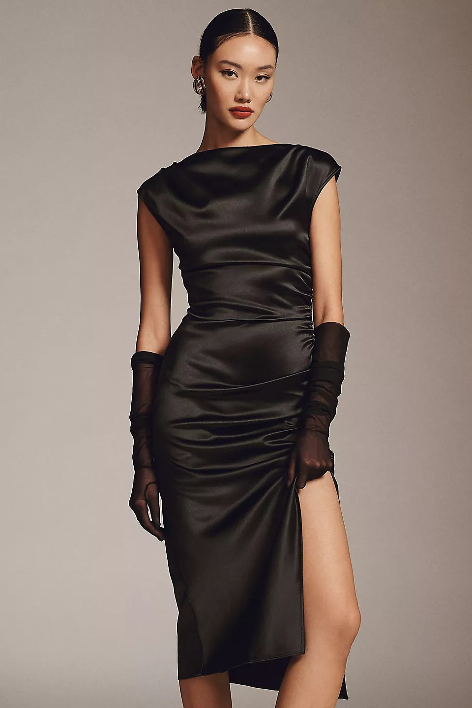 BHLDN Francesca High-Neck Stretch Satin Midi Dress - Black - Size Medium