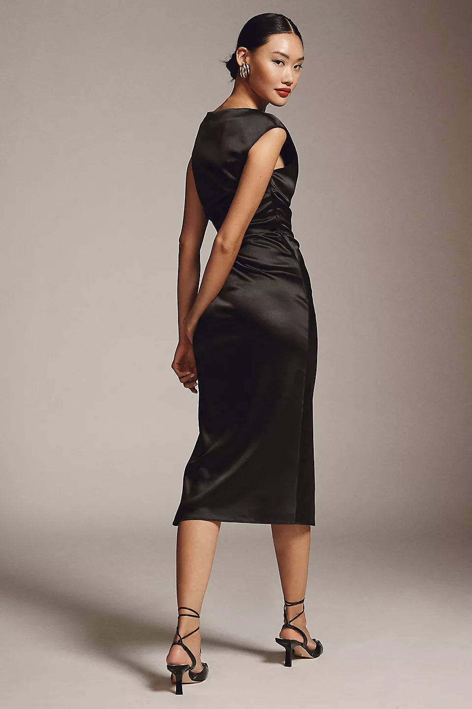 BHLDN Francesca High-Neck Stretch Satin Midi Dress - Black - Size Medium