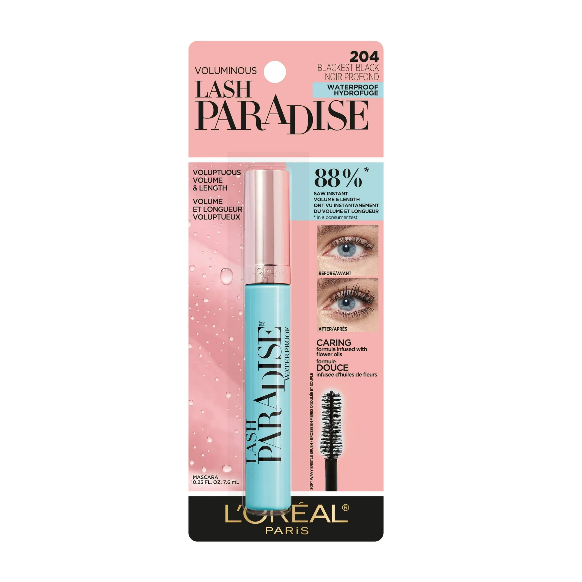 L'Oreal Paris Voluminous Lash Paradise Waterproof Mascara, Blackest Black, 0.25 Fl Oz