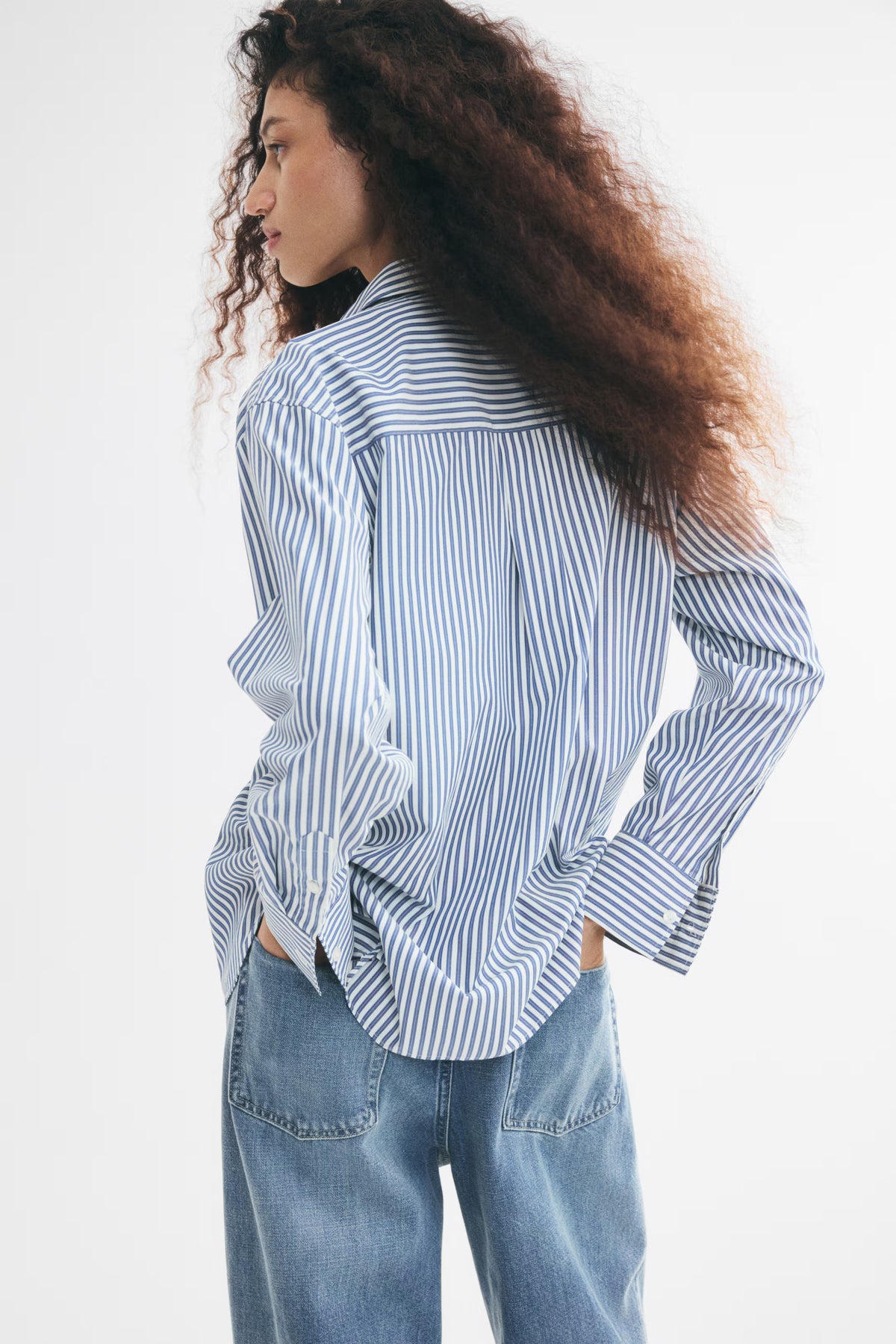 H&M Women's Oversized Dobby-Weave Shirt - Dusty Blue/White Striped - US Small