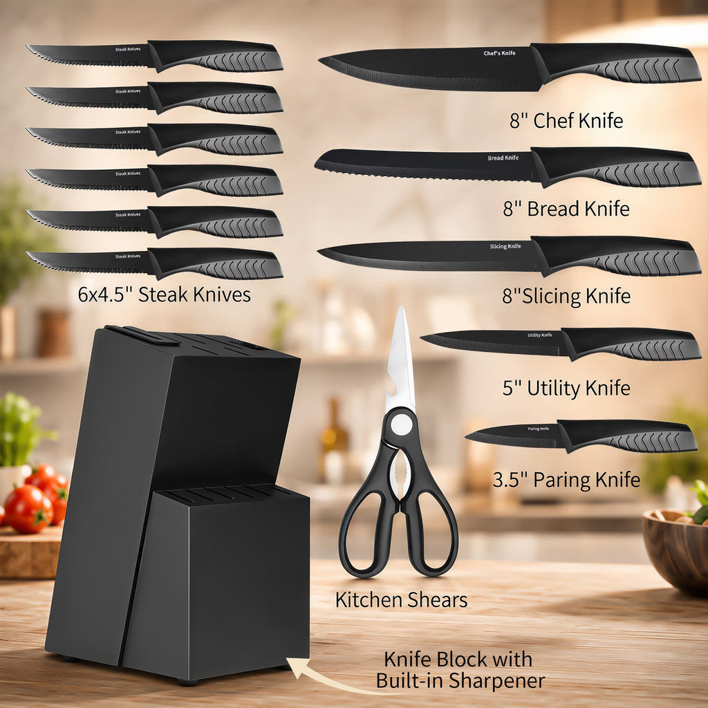 FXXNNN Knife Set, 14PC German Stainless Steel Knife Set - Black