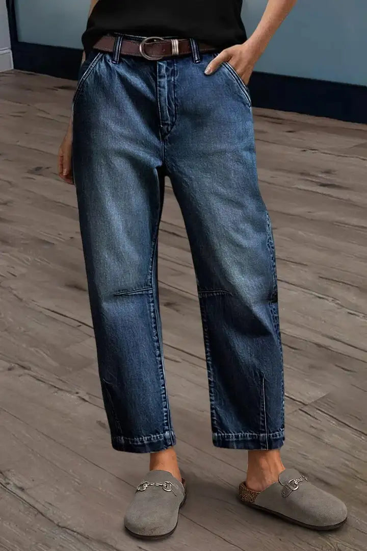 Wash Stitch Detail Mid Rise Barrel Leg Jeans Without Belt Size 14/16