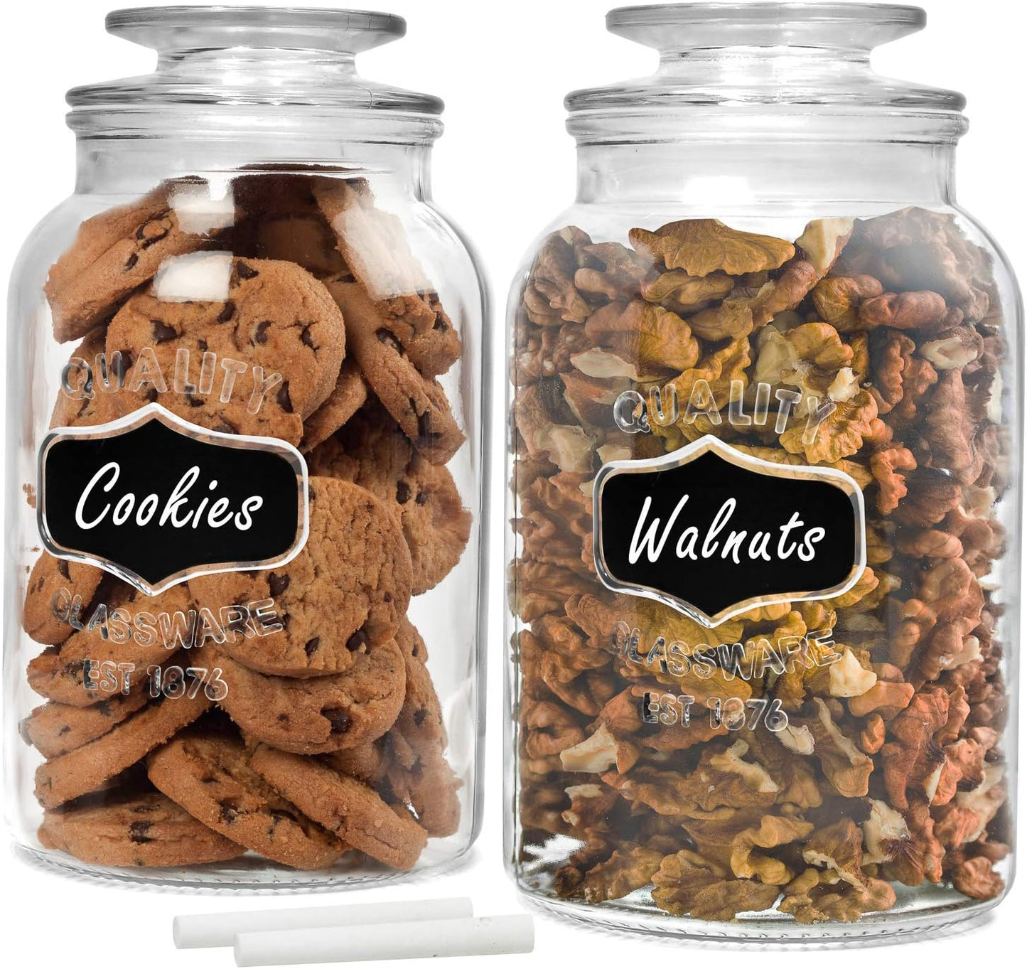 Estilo Round Glass Canister Jars with Airtight Lids Ideal for Cookies, Candies, Cereal - Cookie Jar - Includes Chalkboard Labels and Chalk - 1/2 Gallon (Set of 2), Clear
