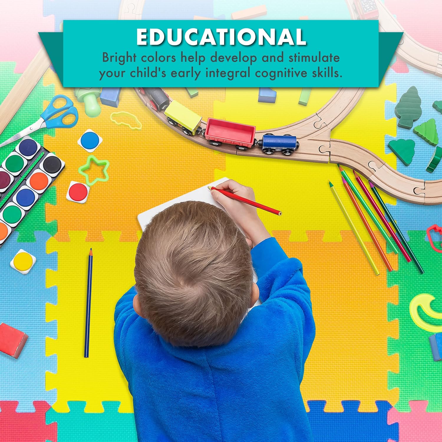 ProSource Play Mat, Soft Foam Floor Tiles for Kids, Interlocking EVA Panels for Playpen Use, Crawling Development Surface, Safe Non-Toxic Toddler Flooring, 36 Tiles, Multicolor