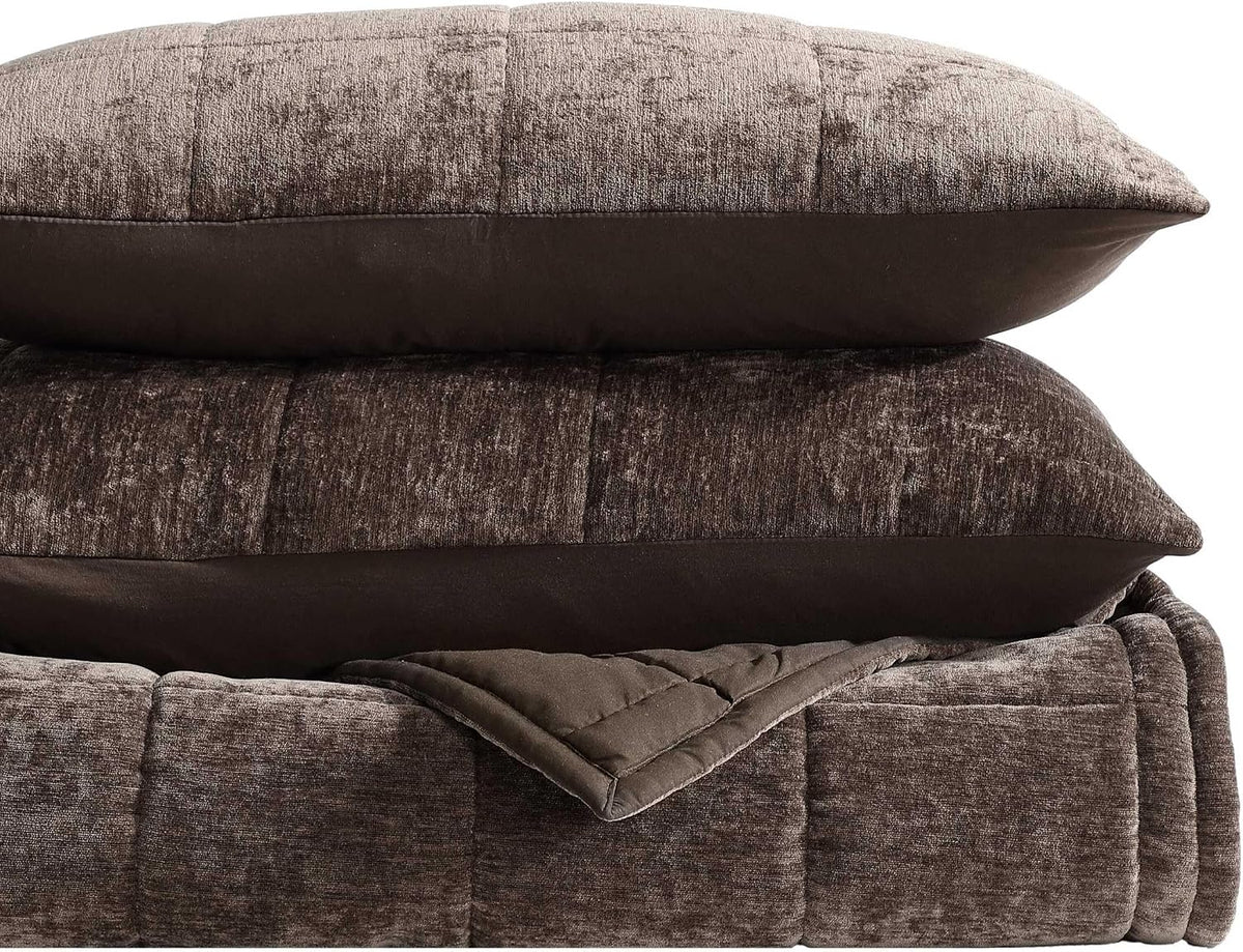 Vera Wang - King Quilt Set, Soft Lightweight Quilt Set with Matching Sham(s), Super Soft and Cozy Home Decor, (Chenille Box Solid Chocolate Brown, King)