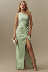 Anthropologie BHLDN Scottie One-Shoulder Side-Slit Stretch Satin Maxi Dress Size: M