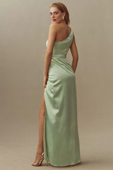 Anthropologie BHLDN Scottie One-Shoulder Side-Slit Stretch Satin Maxi Dress Size: M