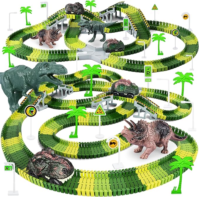 Dinosaur Toys, 252 PCS Create A Dinosaur World Road Race Tracks, Flexible Track Playset, 2pcs Dinosaur Car
