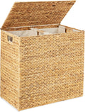 Large Water Hyacinth Laundry Hamper Basket – Double Sorter with 2 Liner Bags, Natural