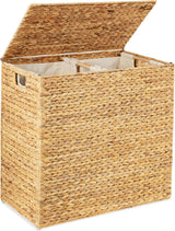 Large Water Hyacinth Laundry Hamper Basket – Double Sorter with 2 Liner Bags, Natural