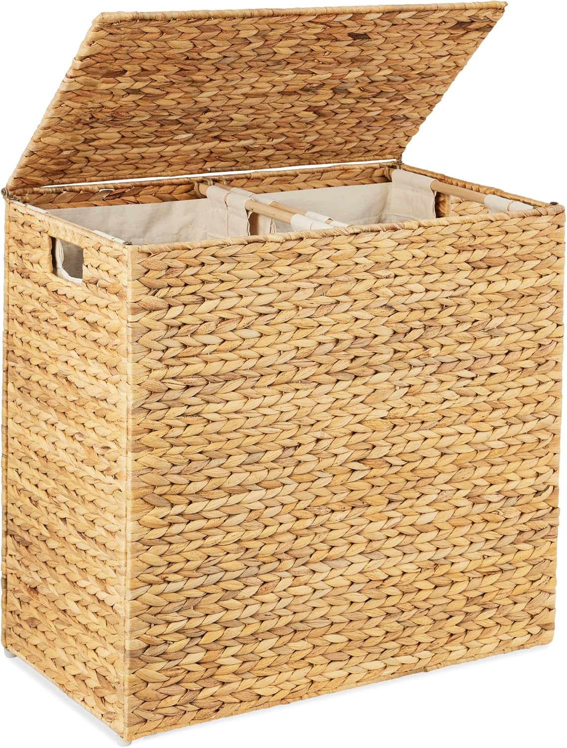 Large Water Hyacinth Laundry Hamper Basket – Double Sorter with 2 Liner Bags, Natural