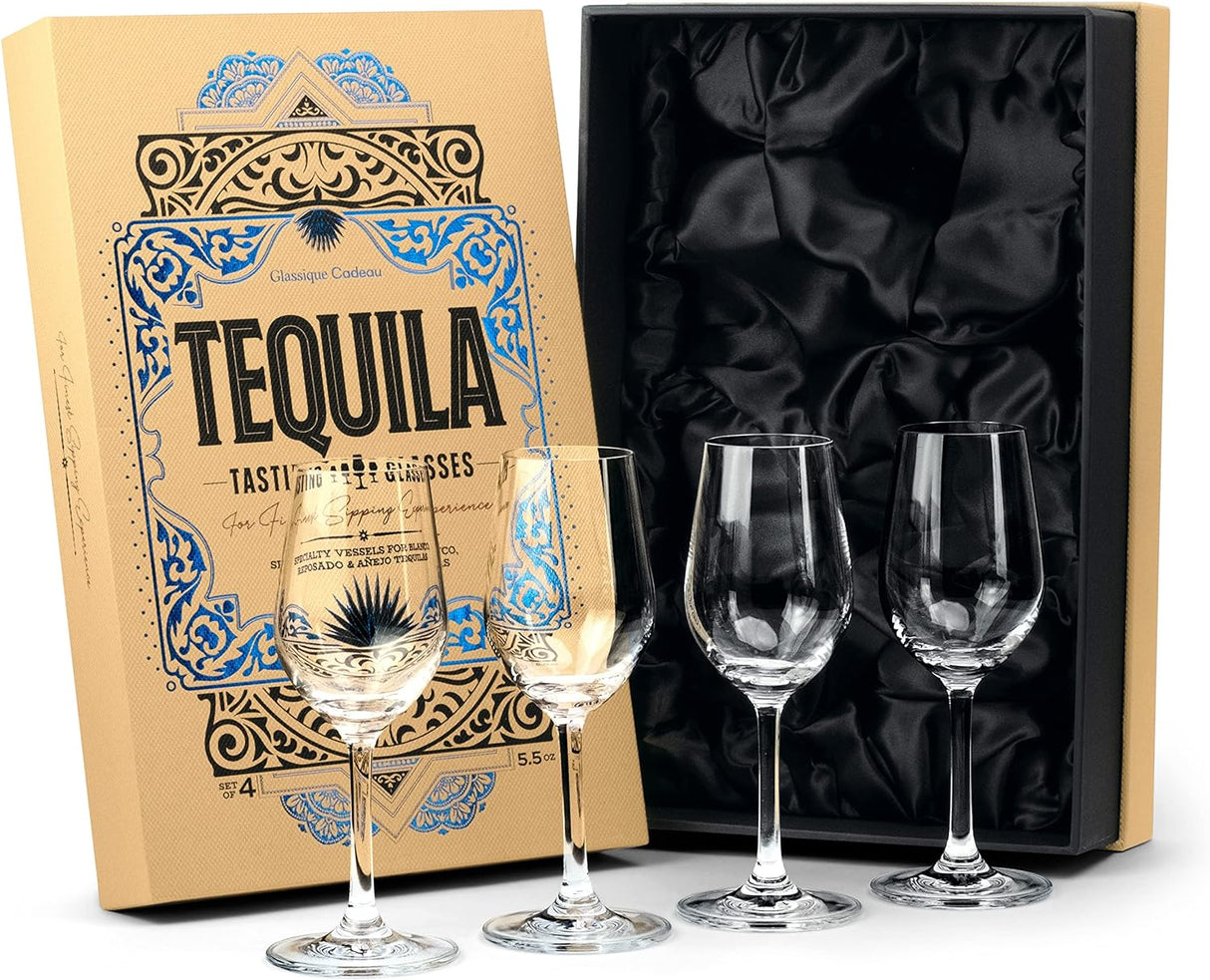 Tequila Tasting and Sipping Glasses | Tequila Glassware Collection | Set of 4 | 5.5 oz Crystal Snifter Copitas for Drinking Blanco, Reposado, Anejo Tequilas | Liquor and Spirits Sippers (New)