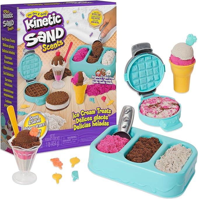 Kinetic Sand Scents, Ice Cream Treats Playset with 3 Colors of All-Natural Scented Play Sand and 6 Serving Tools, Sensory Toys for Kids Ages 3 and up(New Open Box)