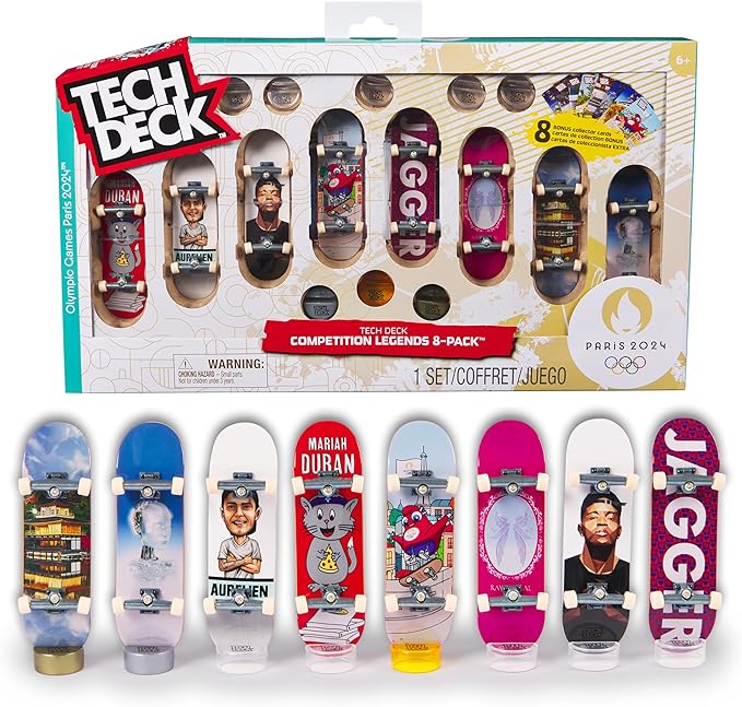 Tech Deck, Competition Legends 8-Pack Fingerboards with Collectible Cards, Olympic Games Paris 2024, Customizable Mini Skateboards, Kids Toys for Ages 6 and up(New Open Box)