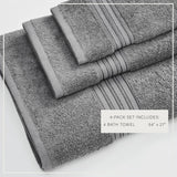 Dark Grey Bath Towels - 100% Cotton 4 Pack 54x27 Bath Towel Set - Lightweight, Absorbent, Quick-Dry Towels for Bathroom