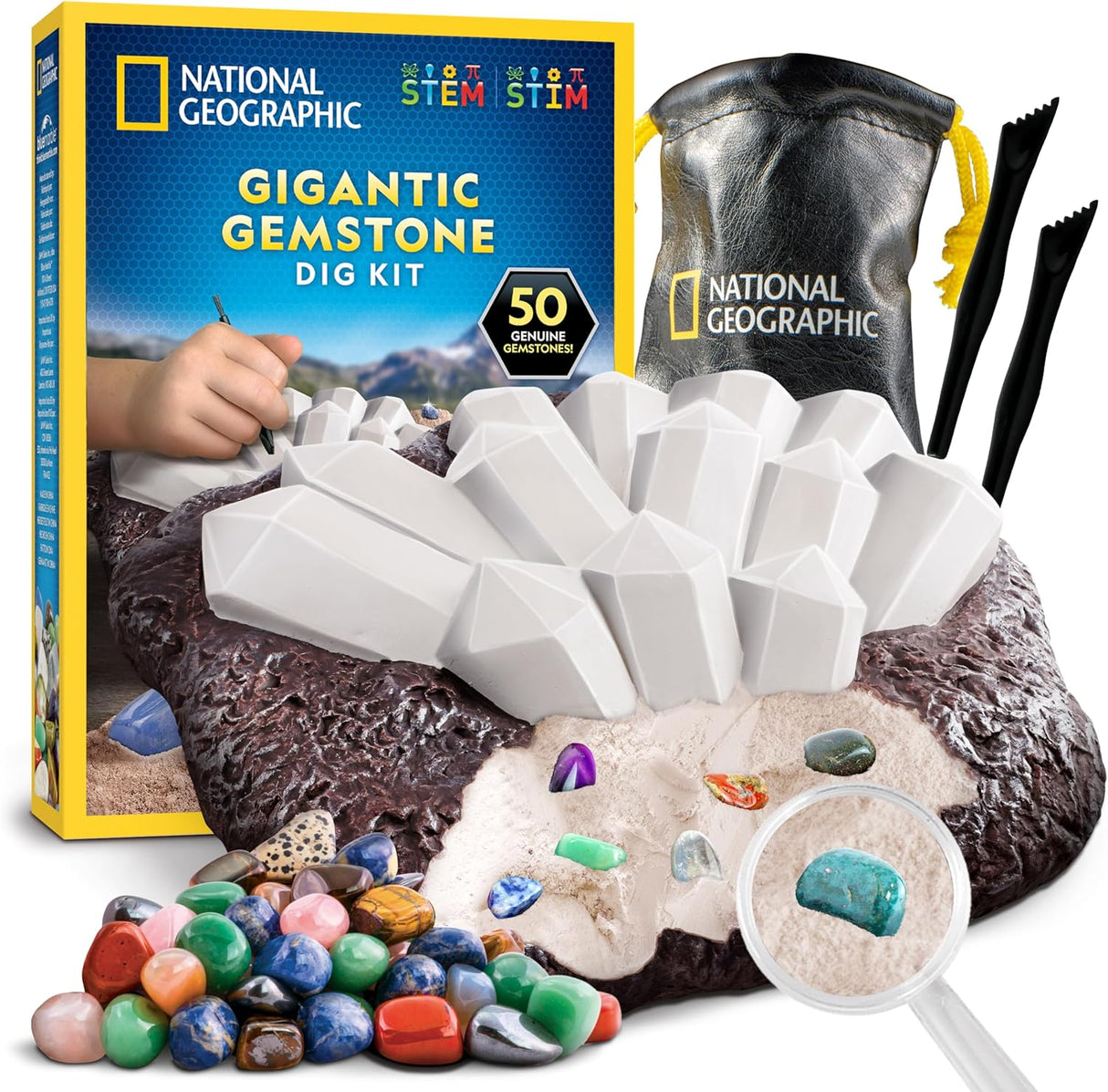 National Geographic Gigantic Gemstone Dig Kit – Excavate 50 Real Gems from a Giant Dig Brick, Gem Mining Kit for Kids, STEM Rock Collection Activity, Includes Tools & Learning Guide