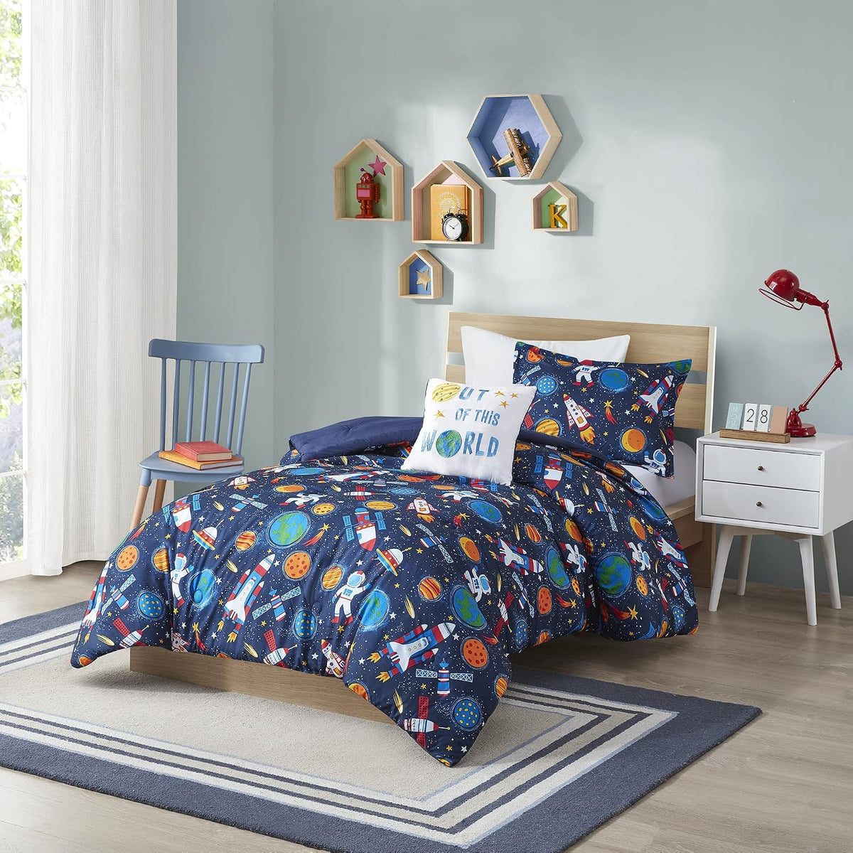Intelligent Design Kids Space Rocket Ships Navy Queen Comforter Set, 4pc