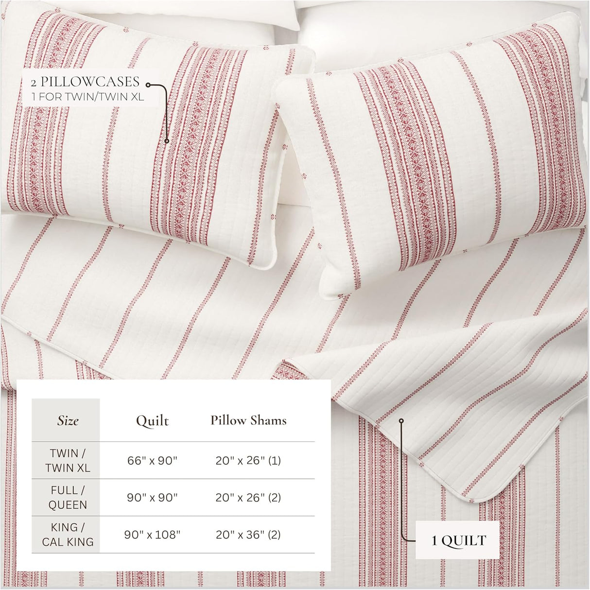 Great Bay Home Twin/Twin XL Reversible Quilt Bedding Set - All Season, Modern, Lightweight Bedspreads - Red Striped Coverlets (Includes 1 Quilt, 1 Pillow Sham)
