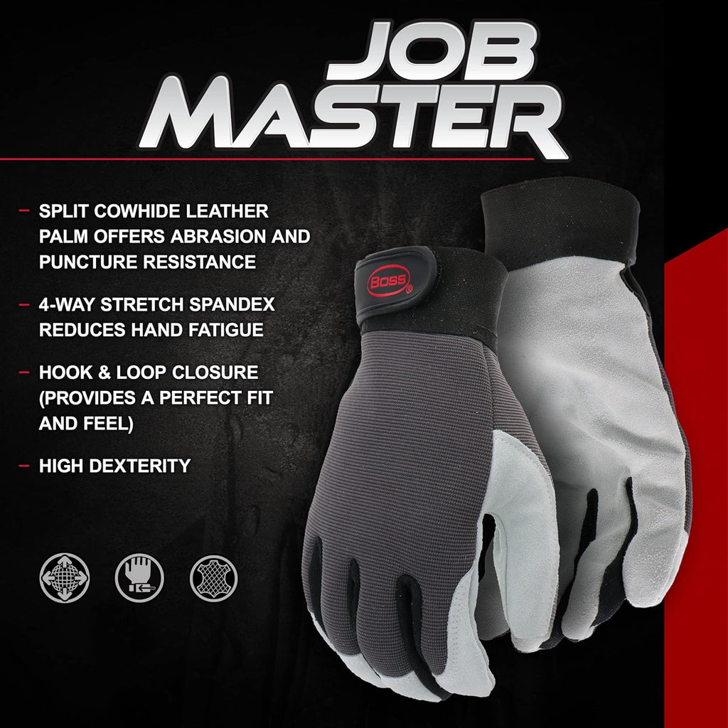 Boss® Men's Job Master Leather Palm Work Glove Black/Gray - Large