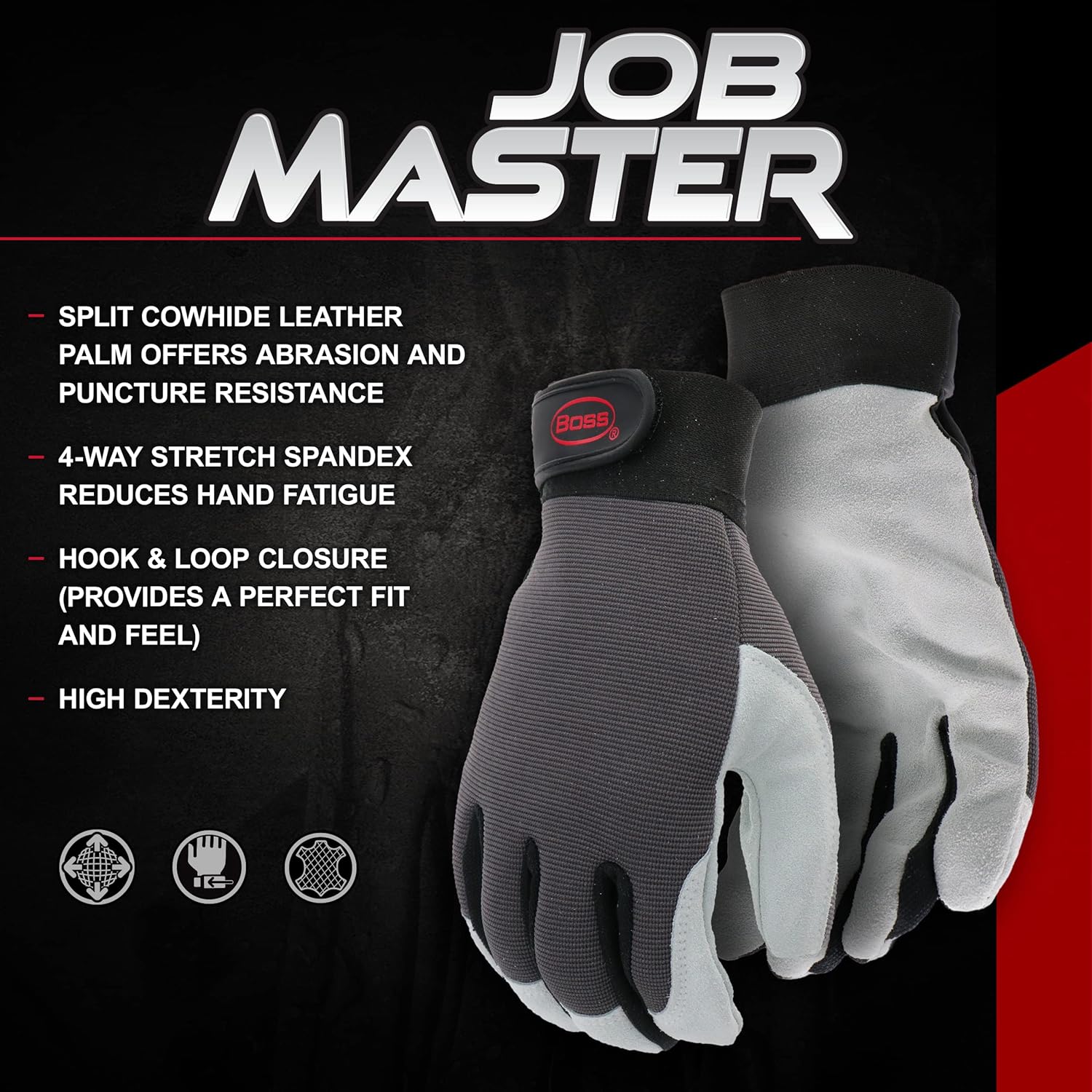 Boss® Men's Job Master Leather Palm Work Glove Black/Gray - Large