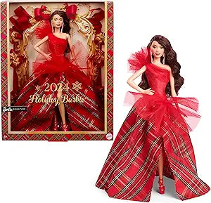 Barbie Signature 2024 Holiday Doll with Light Brown Hair in Plaid Gown, Collectible Toy in Displayable Packaging