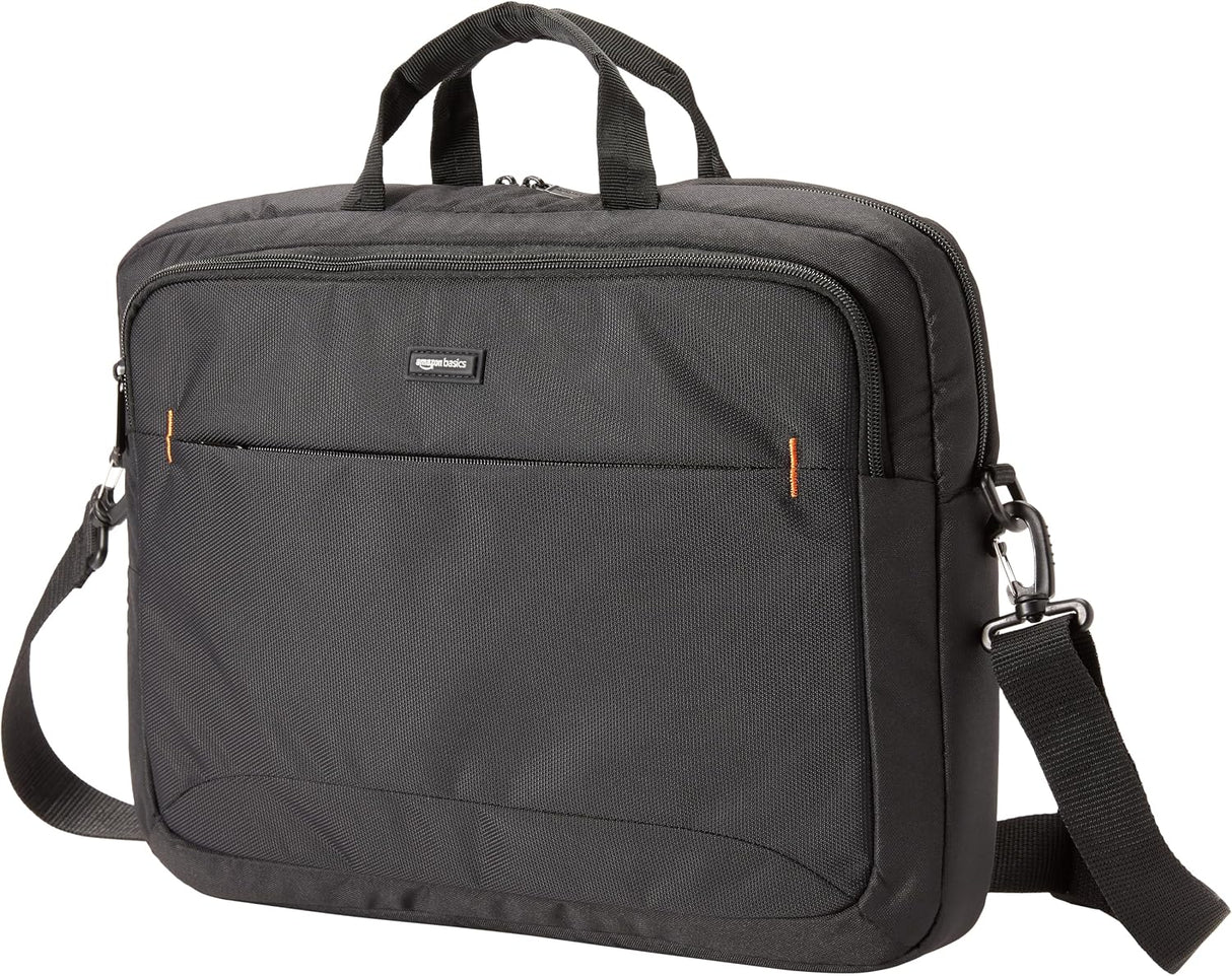 Amazon Basics Laptop Shoulder Bag with Compartments, 17.3-inch, Black, Large Capacity