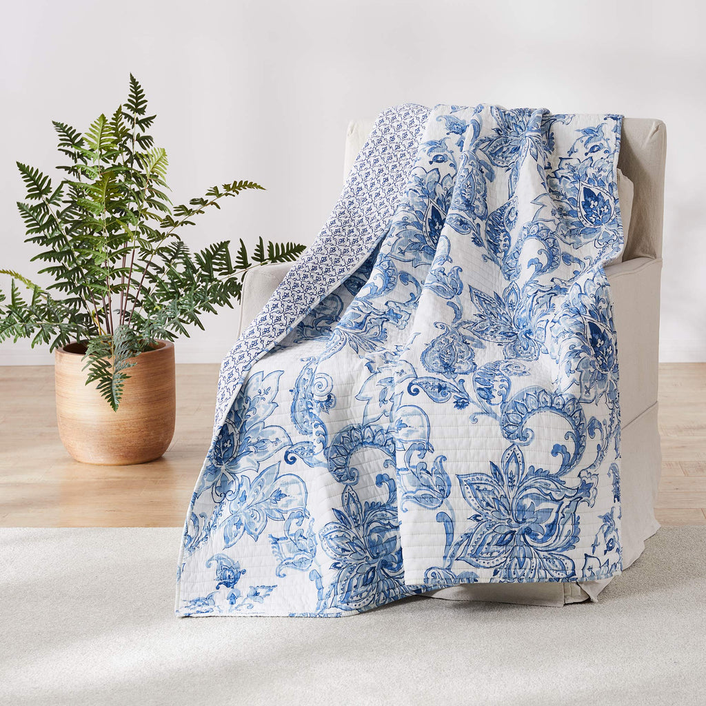 Levtex Home - Bennett - Quilted Throw - 50x60in. - Floral Paisley - Blue and White - Reversible Pattern - Cotton