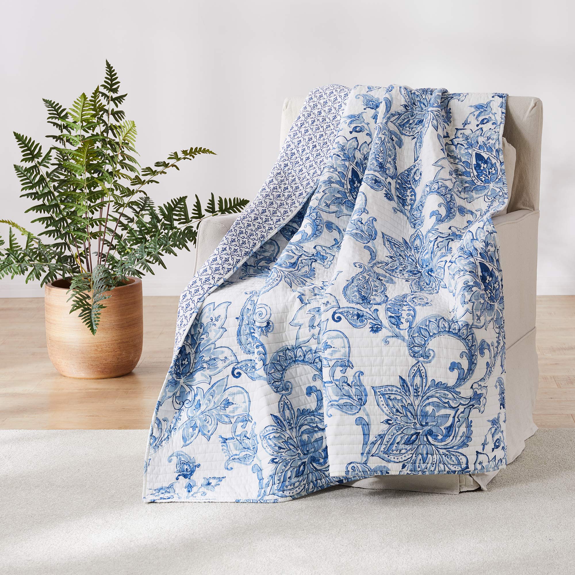 Levtex Home - Bennett - Quilted Throw - 50x60in. - Floral Paisley - Blue and White - Reversible Pattern - Cotton