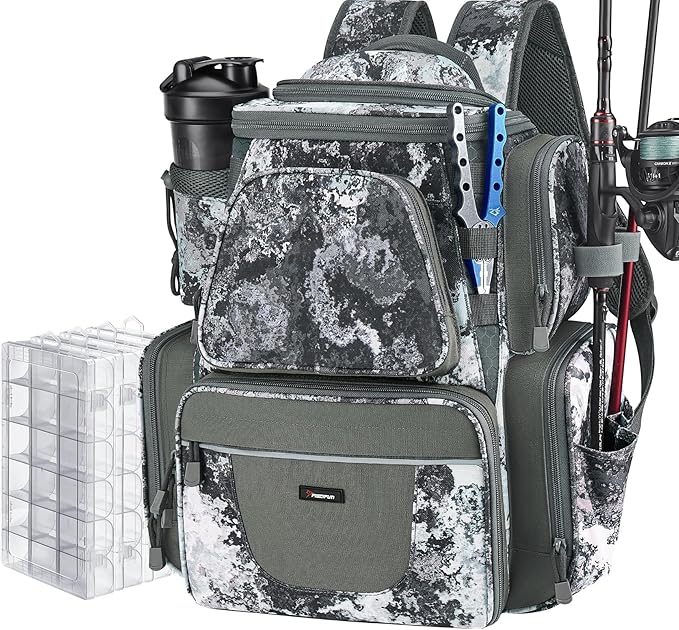 Piscifun Fishing Backpack with 2 Rod Holders & 4 Tackle Boxes (Bag Only)
