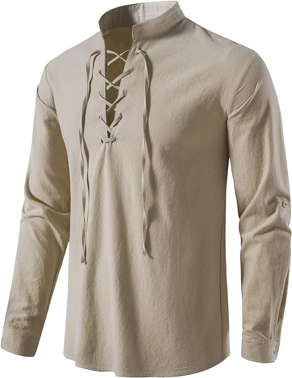 LucMatton Men's 100% Cotton Retro Lace up Long Sleeve Shirts for Renaissance,Medieval ,Pirate,Viking,Hippie