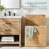 Large Water Hyacinth Laundry Hamper Basket – Double Sorter with 2 Liner Bags, Natural