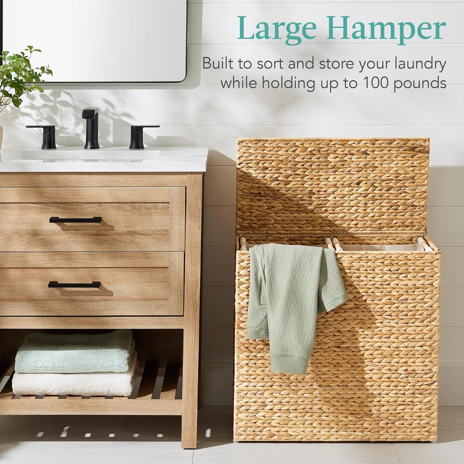 Large Water Hyacinth Laundry Hamper Basket – Double Sorter with 2 Liner Bags, Natural
