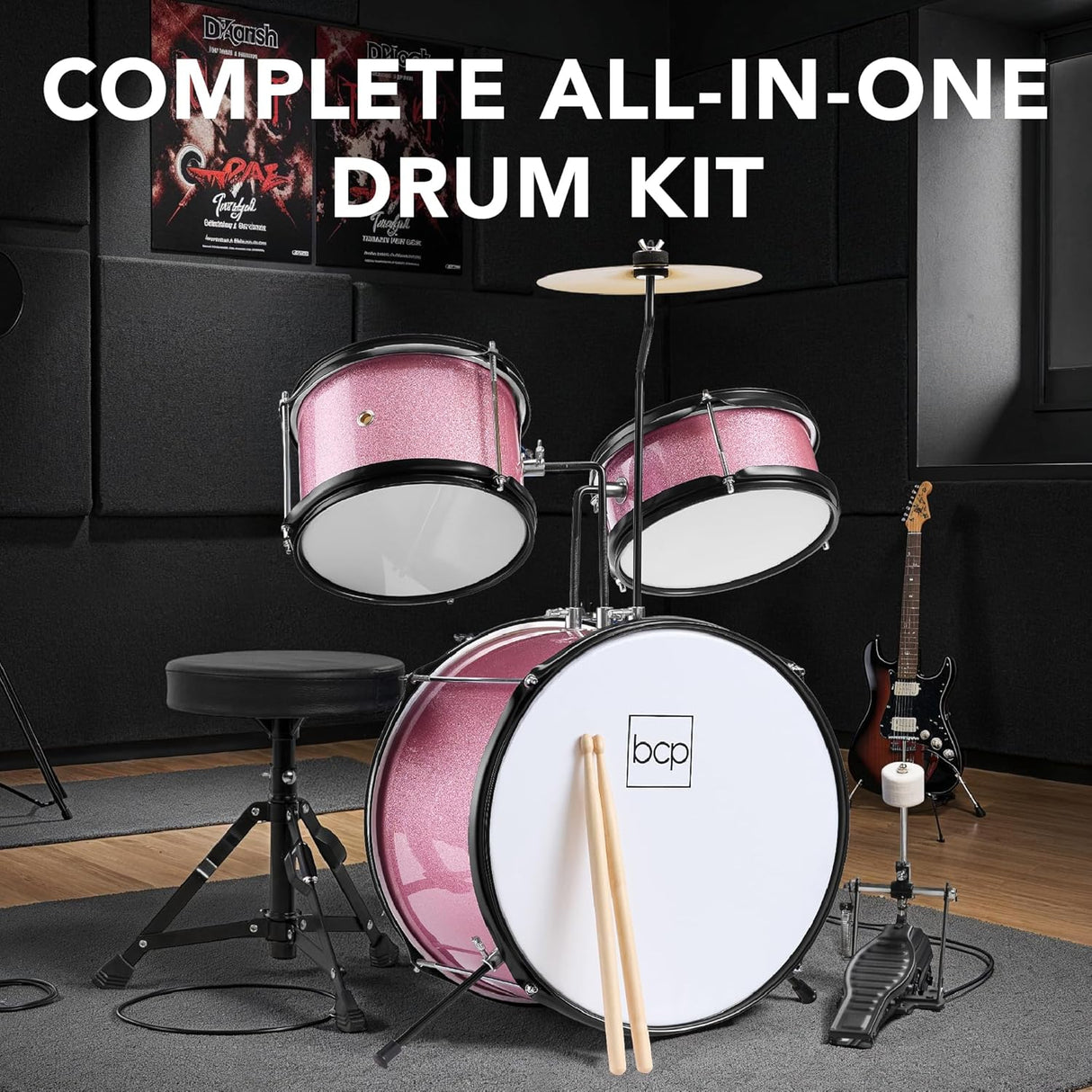 Best Choice Products 3-Piece Beginner Drum Set for Kid       Pink Sparkle