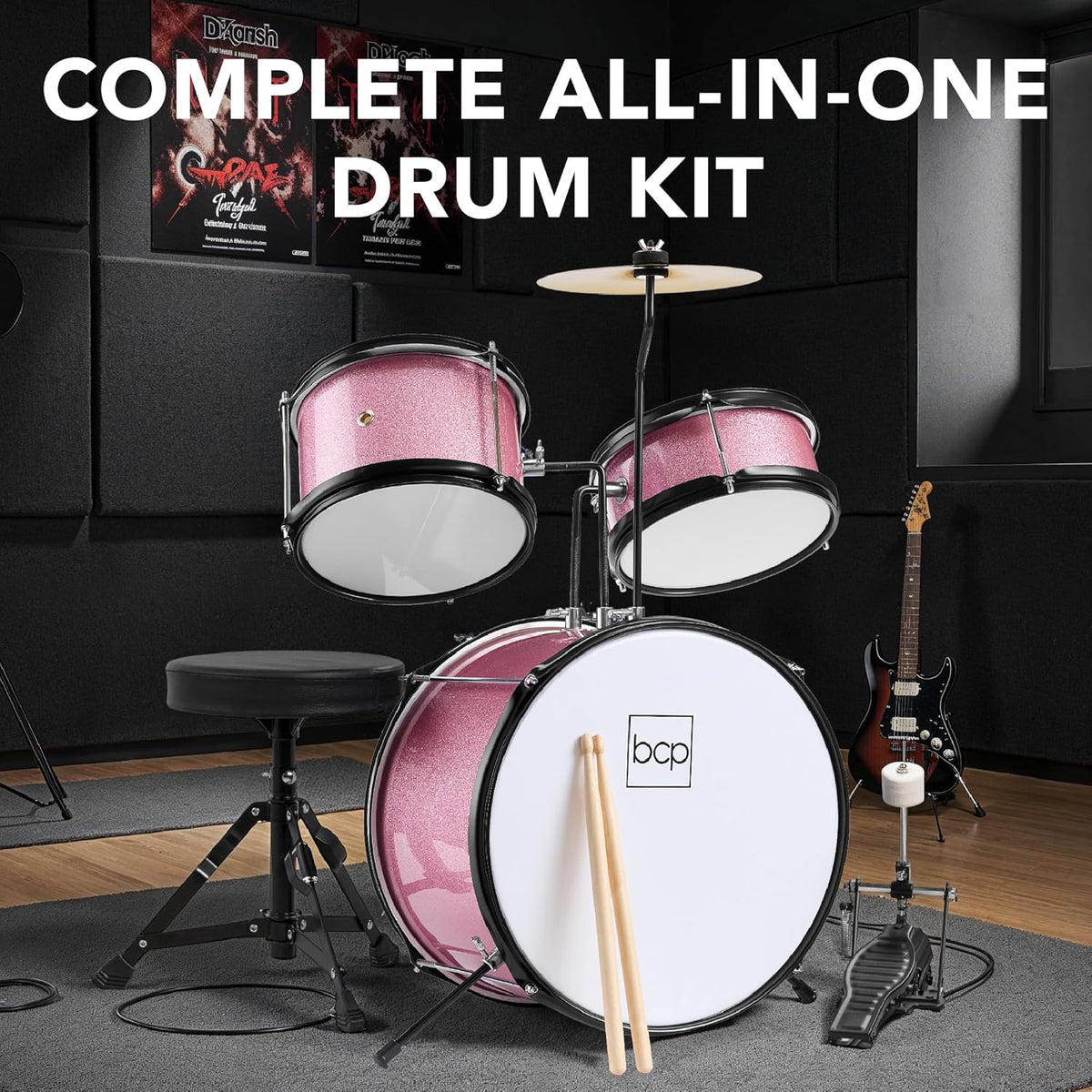 Best Choice Products 3-Piece Beginner Drum Set for Kid       Pink Sparkle