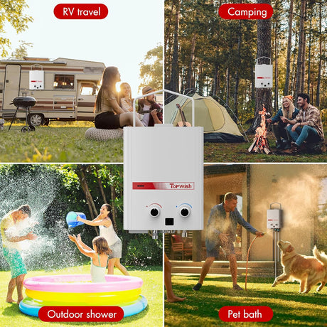 Topwish Portable Tankless Water Heater Propane, 5L 1.45 GPM Outdoor Gas Propane Water Heater, Instant Water Heater with Handle for RV, Camping, Barns, Trips Boat Cabins, White   NEW