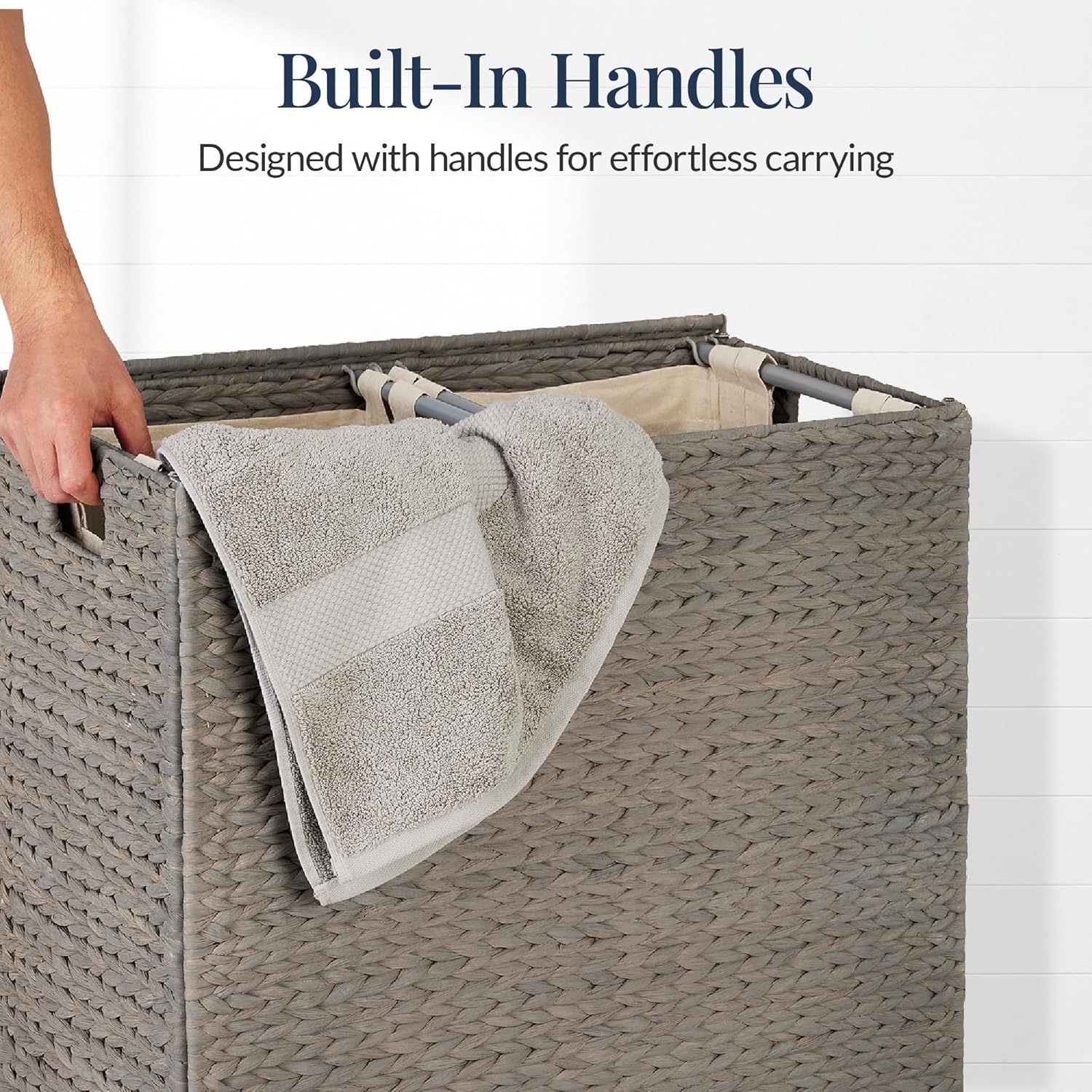 Best Choice Products - Large Water Hyacinth Double Laundry Hamper Basket w/ 2 Liner Bags - Grey