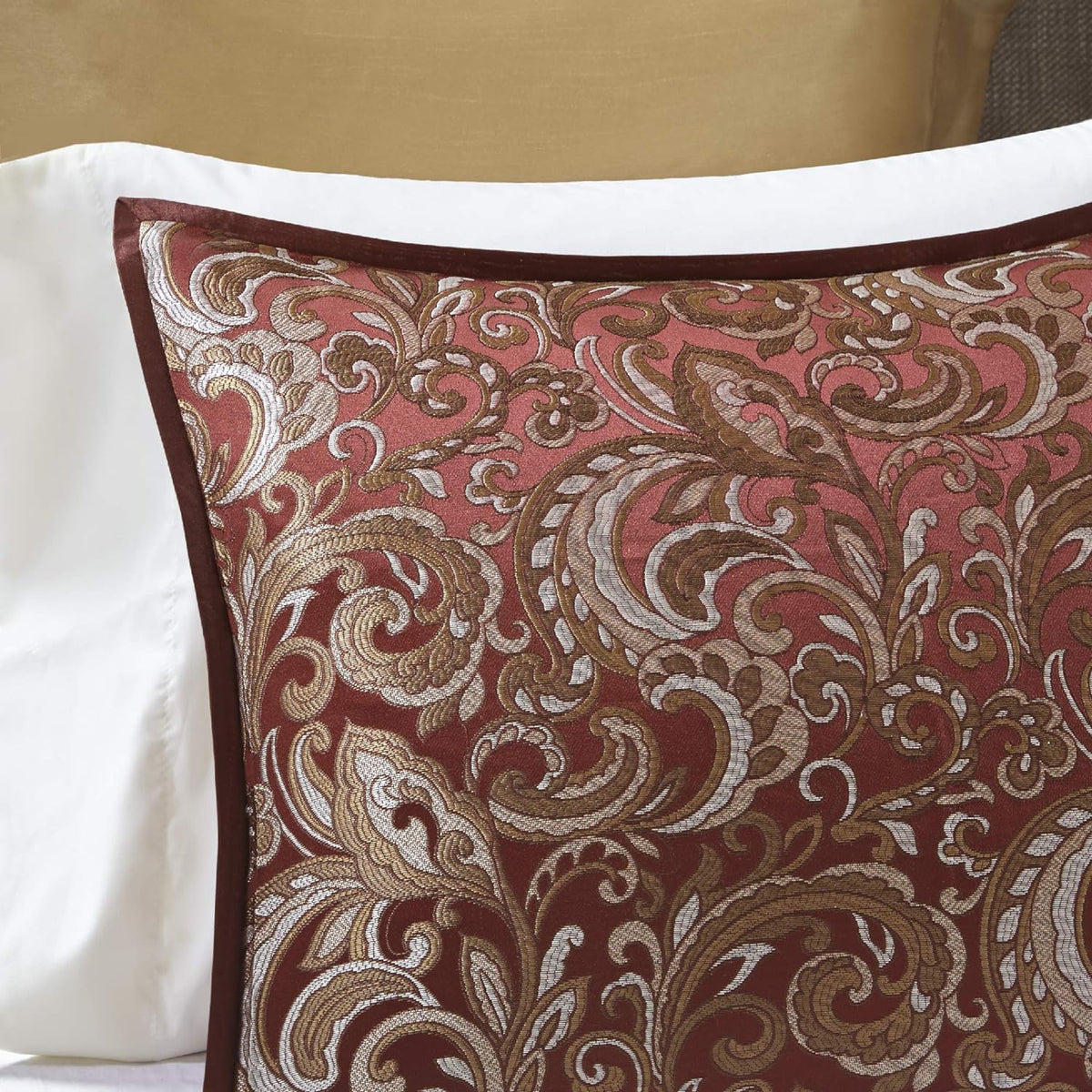 Madison Park Essentials Brystol 24 Piece Room in a Bag Faux Silk Comforter Jacquard Paisley Design Matching Curtains Down Alternative Hypoallergenic All Season Bedding-Set, Queen (90 in x 90 in), Red