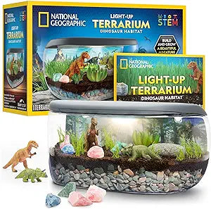 NATIONAL GEOGRAPHIC Light Up Terrarium Kit for Kids - Build a Dinosaur Habitat with Real Plants & Gemstones, Science Kit Gift for Boys & Girls, Dinosaur Toys for Kids (New Open Box)