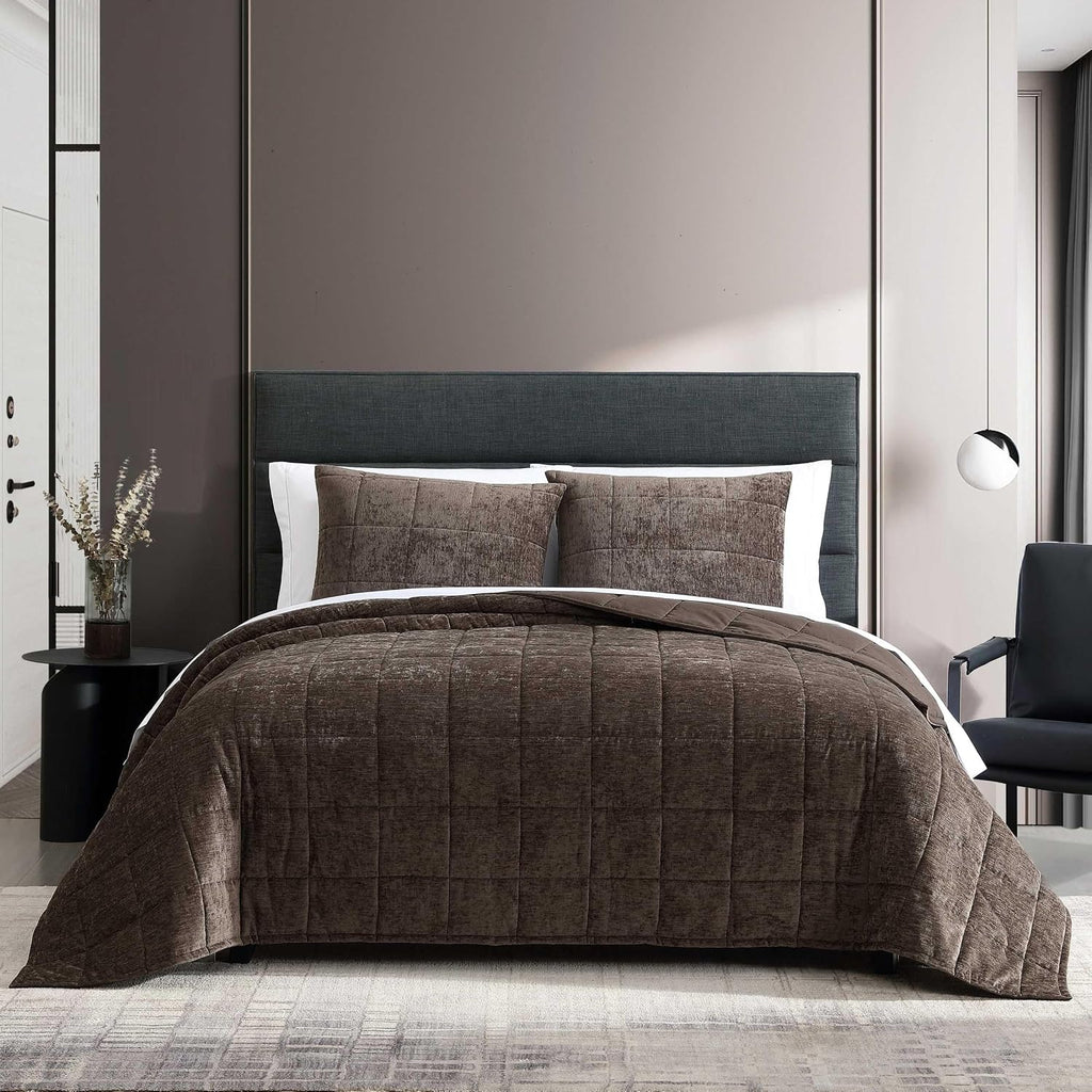 Vera Wang - King Quilt Set, Soft Lightweight Quilt Set with Matching Sham(s), Super Soft and Cozy Home Decor, (Chenille Box Solid Chocolate Brown, King)